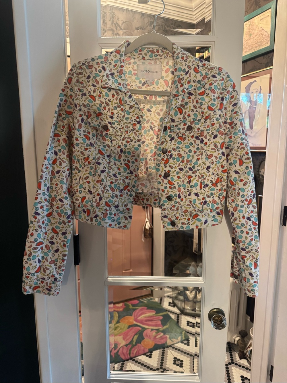 BCBGMaxazria Fruit Cropped Multi-Color Fruit Print Denim Jacket Small